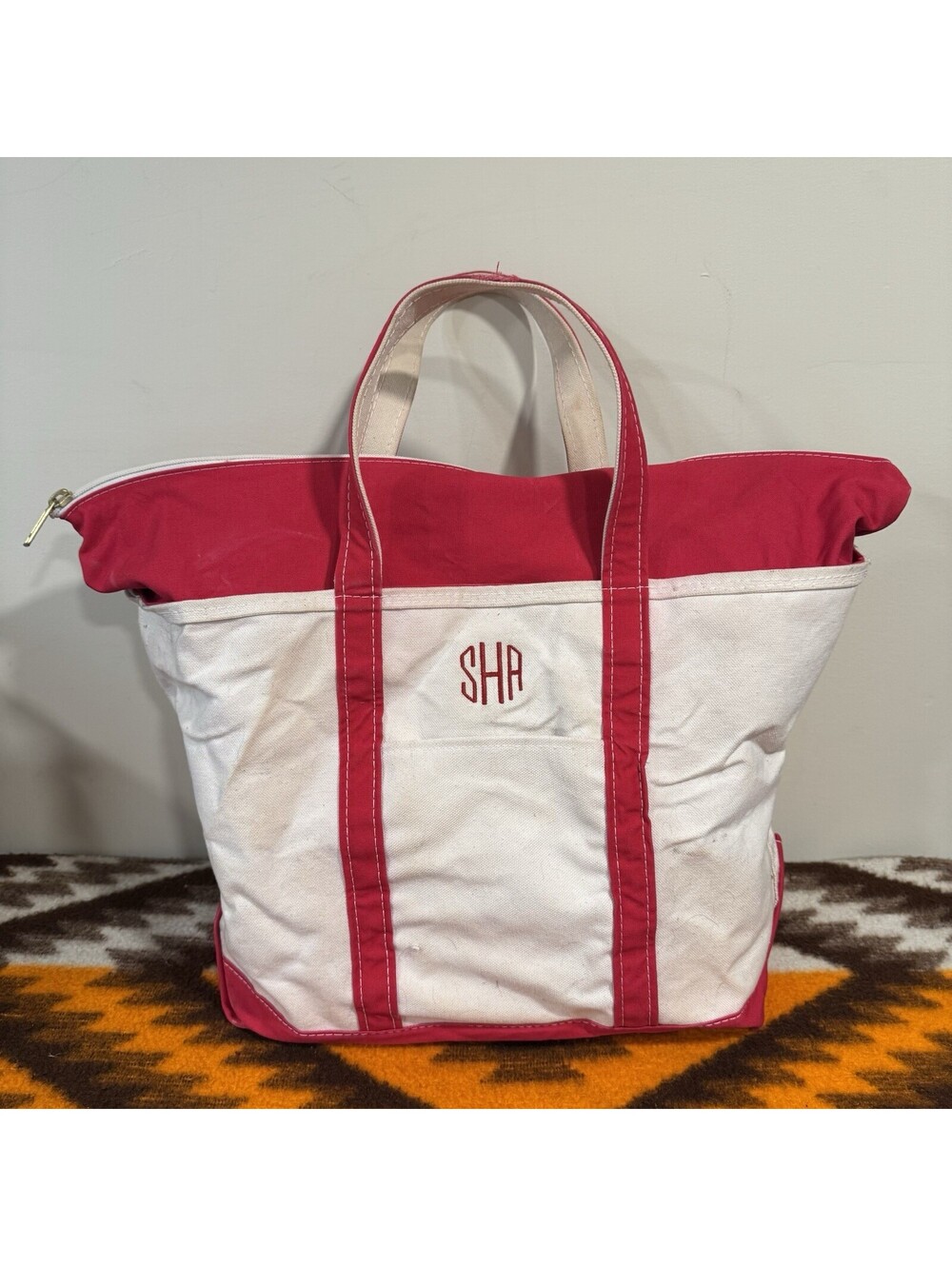 Vintage LL Bean Boat Tote Canvas Bag Red Zip Top Long Handles Monogram USA Made